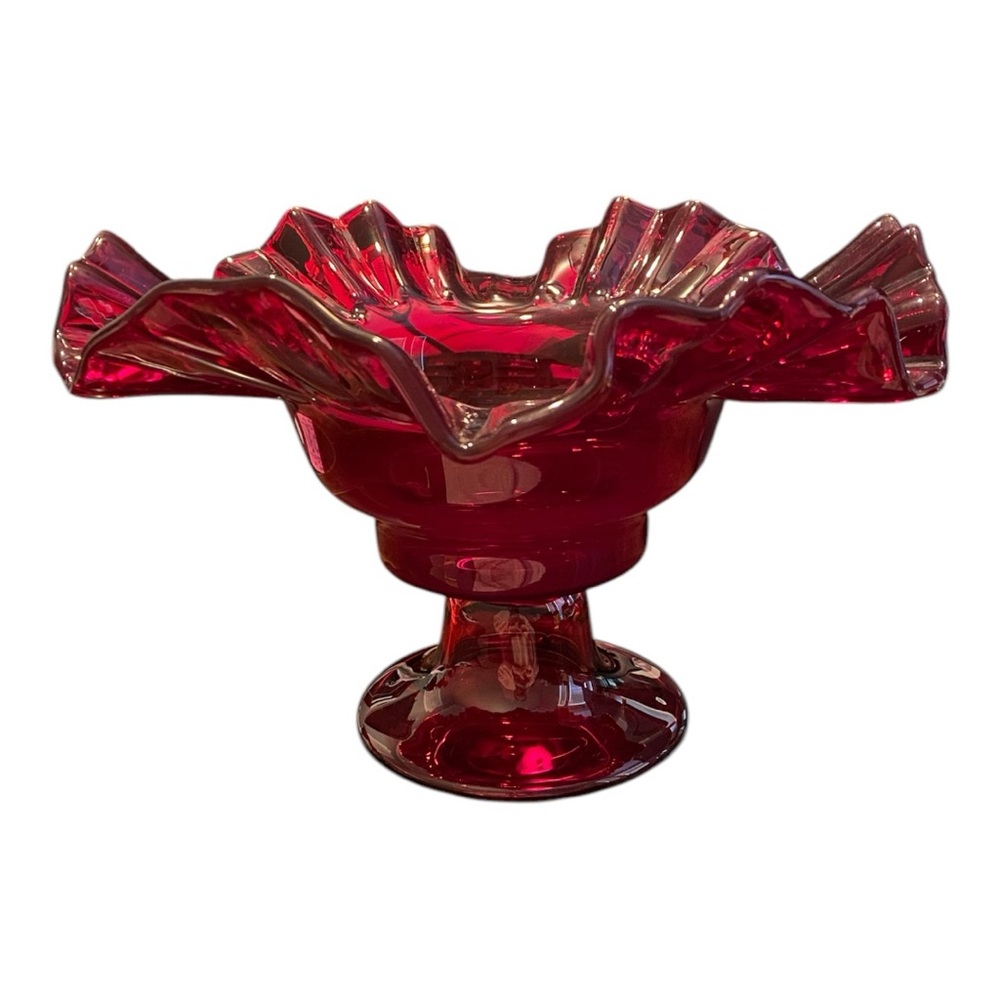 Vintage Fenton Ruby Red Thumbprint Glass Compote Ruffled Candy Dish - Picture 8 of 14
